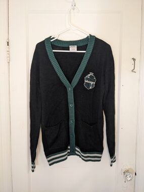 Slytherin Green-Trim Black V-Neck Cardigan with Crest